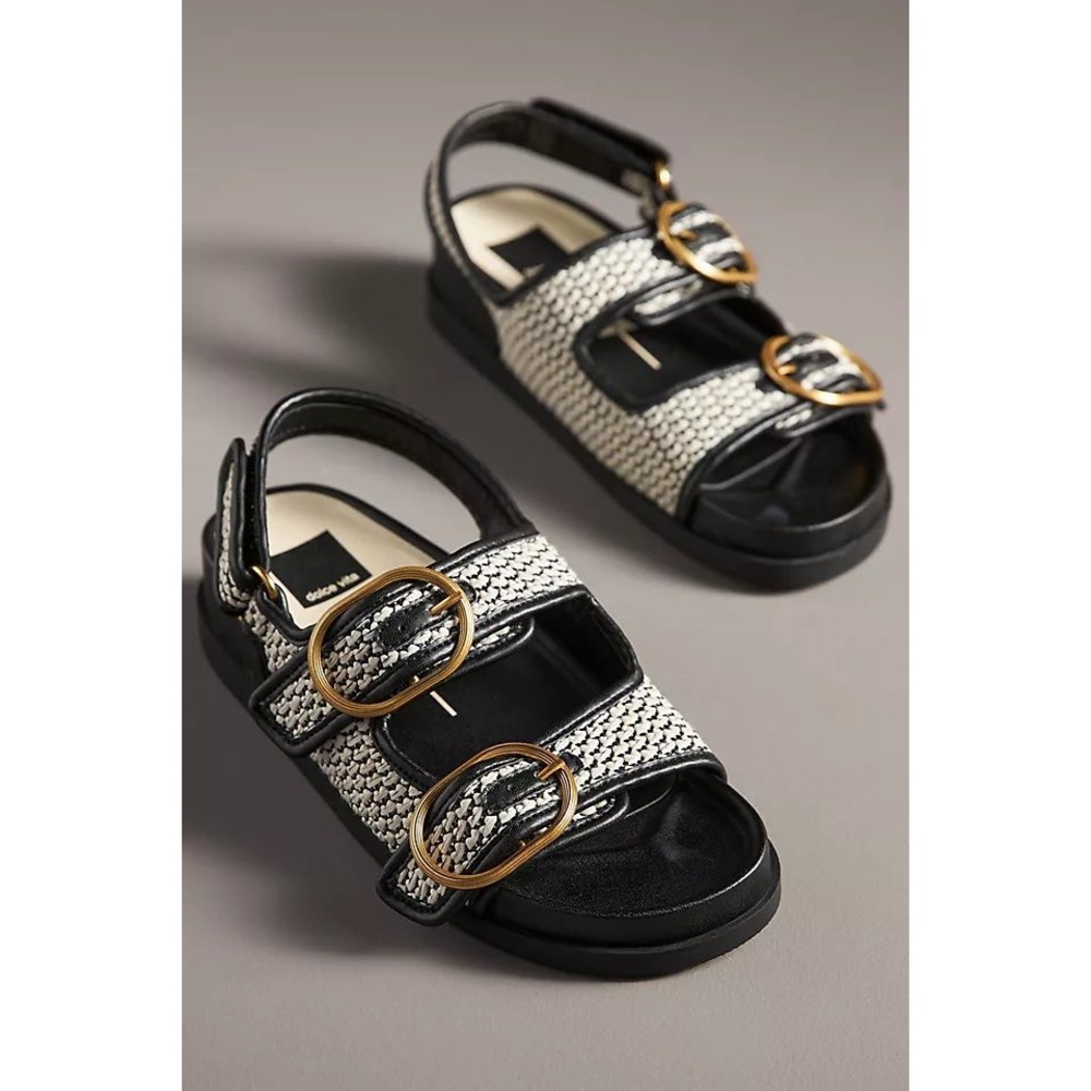 Dolce Vita Woven Buckle Platform Slingback Sandals Black Ivory Gold Size 5